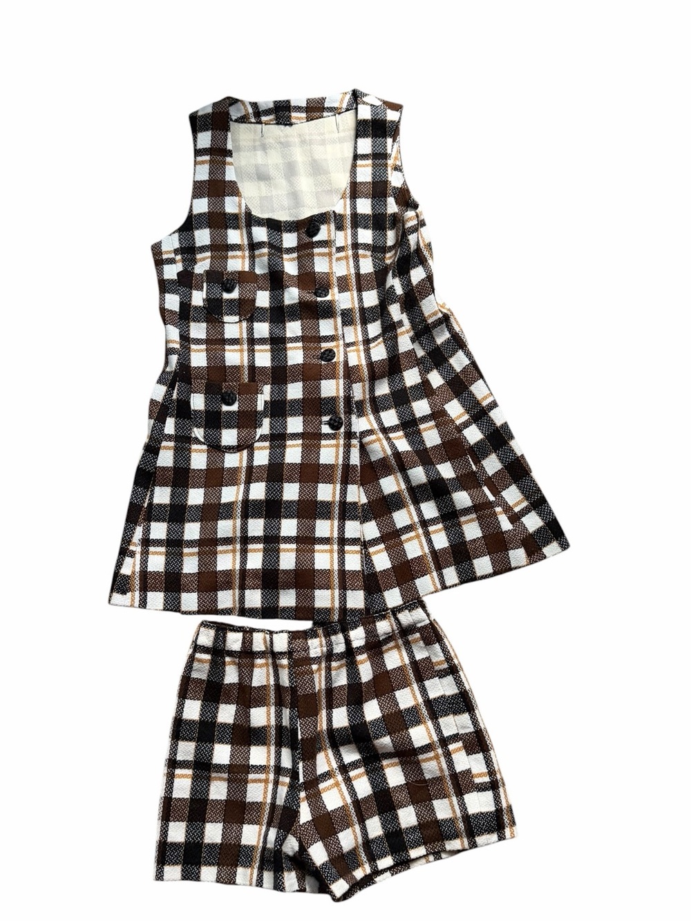 1970s Plaid Textured Double-Knit Poly Blend 2-Piece Tunic & Playsuit Shorts